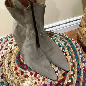 Warren Edwards  grey suede pointed toe kitten heel leopard soles ankle boots